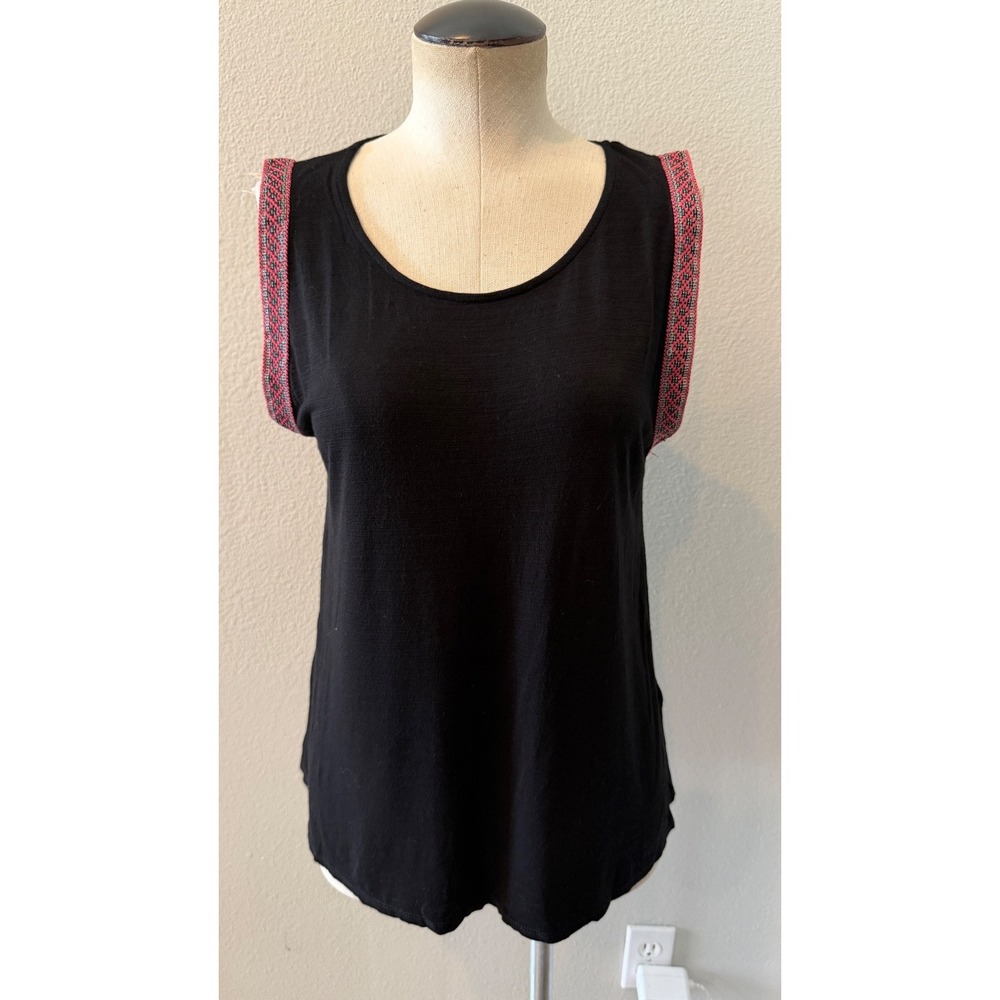 W5 Women's Large Black Boho Sleeveless Tunic Top Red Embroidered Trim USA